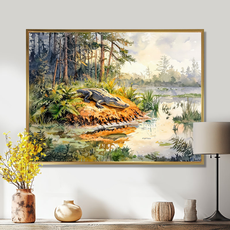 «Swamp Life Of Crocodile II» - Décoration murale crocodile, 30" H x 40" W, Floater Framed Print without Mat, Gold