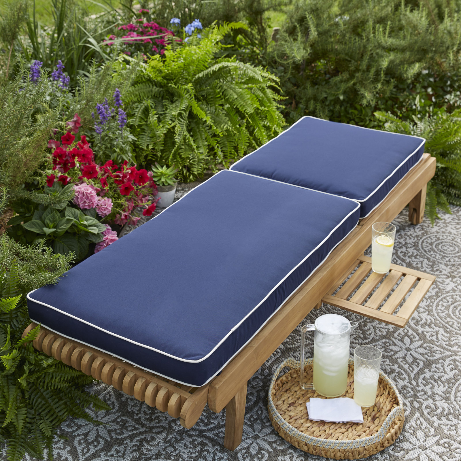 Sunbrella Outdoor Chaise Lounge, Navy Blue/Ivory, 3" H x 25" W x 79" D