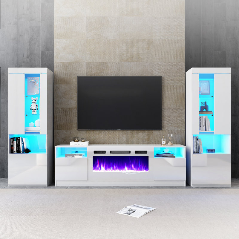 Bhhatu High Gloss Entertainment Center with Fireplace, White, 71”H x 128”L x 16”W