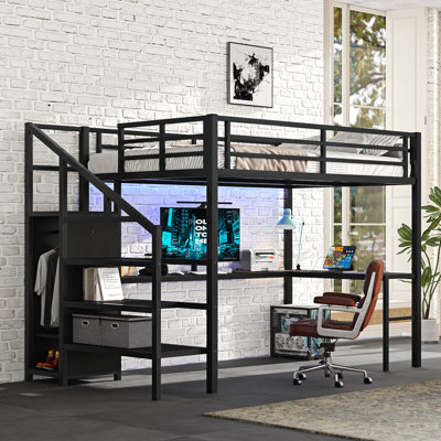 Lit mezzanine en métal avec bureau en L et garde-robe Ardenvale