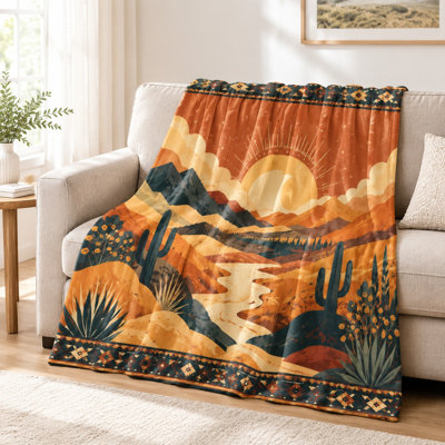 Couverture à motif coucher de soleil sur un paysage désertique - Style sud-ouest, confortable, chaude, légère, respirante, toutes saisons, douce pour la peau, lavable à la machine, décorative, pour canapé, fauteuil, salon et chambre