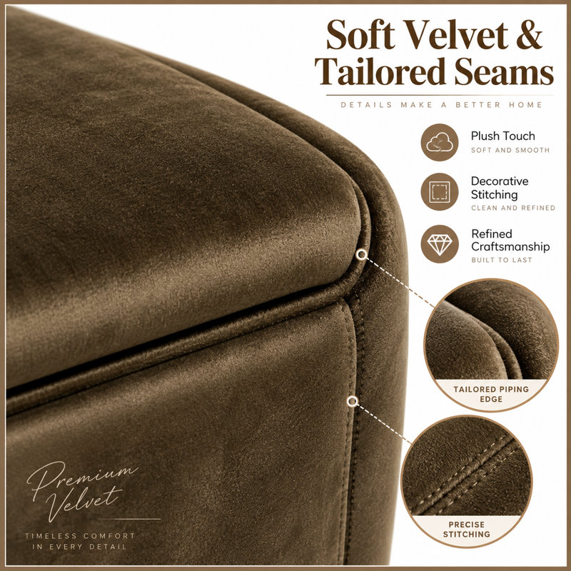 Pouf de rangement en velours Canterbury avec couvercle relevable et base imitation bois, Brun