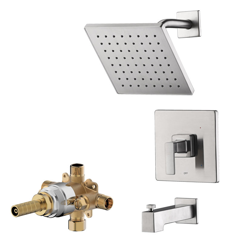 Rift Collection Shower System: 8" Square Rain Shower Head, Tub Spout, & Rough-in Valve Included - Brushed Nickel