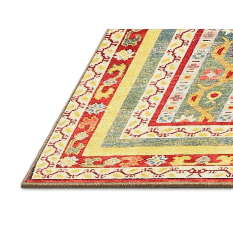Tapis contemporain jaune / rouge / gris clair, Rectangle 5 pi x 7 pi