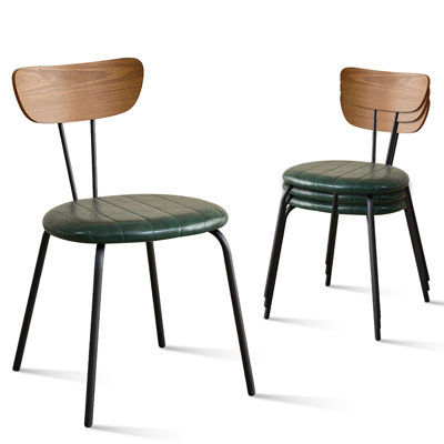 Stackable Dining Chairs Set of 4, Small PU Leather Kitchen Chair With Solid Wood Back For Apartment, Living Room, Bedroom, Green