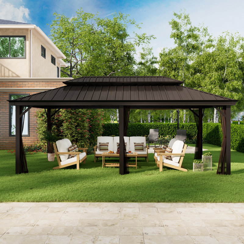 20 ft Black Aluminum Patio Gazebo with Steel Roof