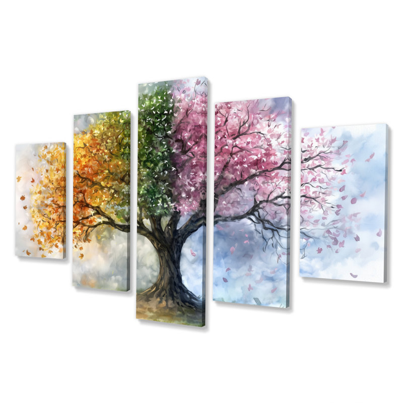 Ensemble de salon art mural arbre de vie rose avec quatre saisons