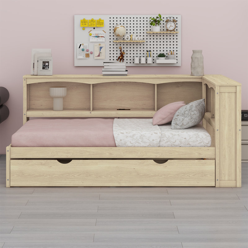 Lit de jour avec lit gigogne, armoires de rangement et ports USB, Bois