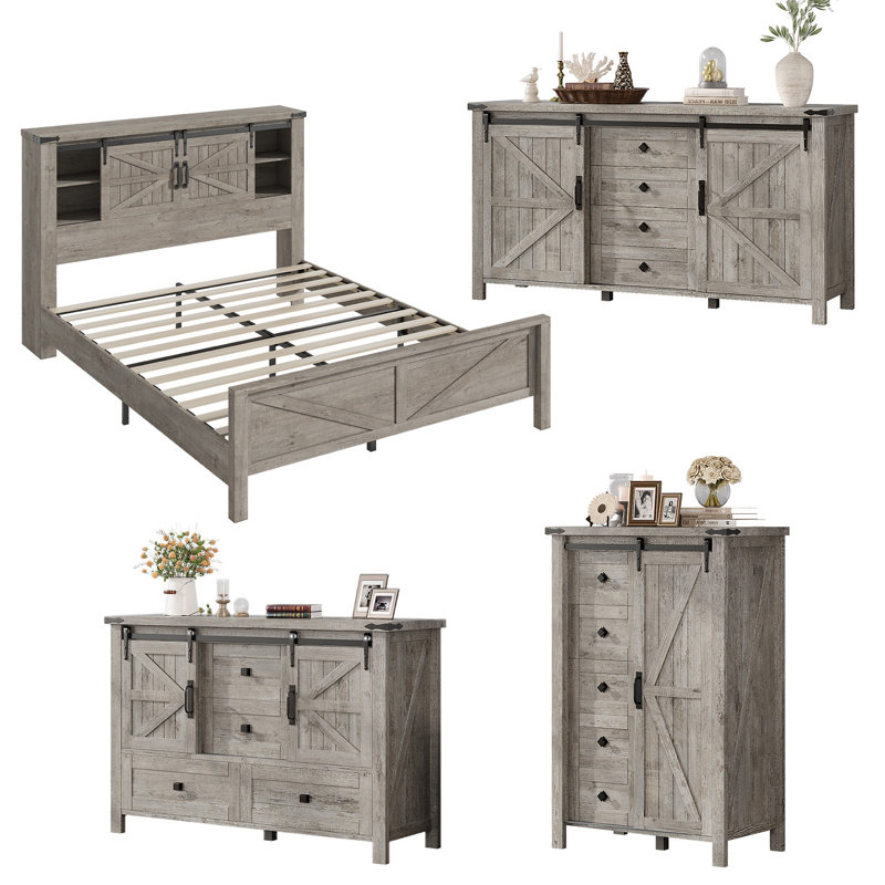  Ensemble de chambre à coucher de style ferme avec porte de grange 4 pièces, grand lit, gris, gris, Grand