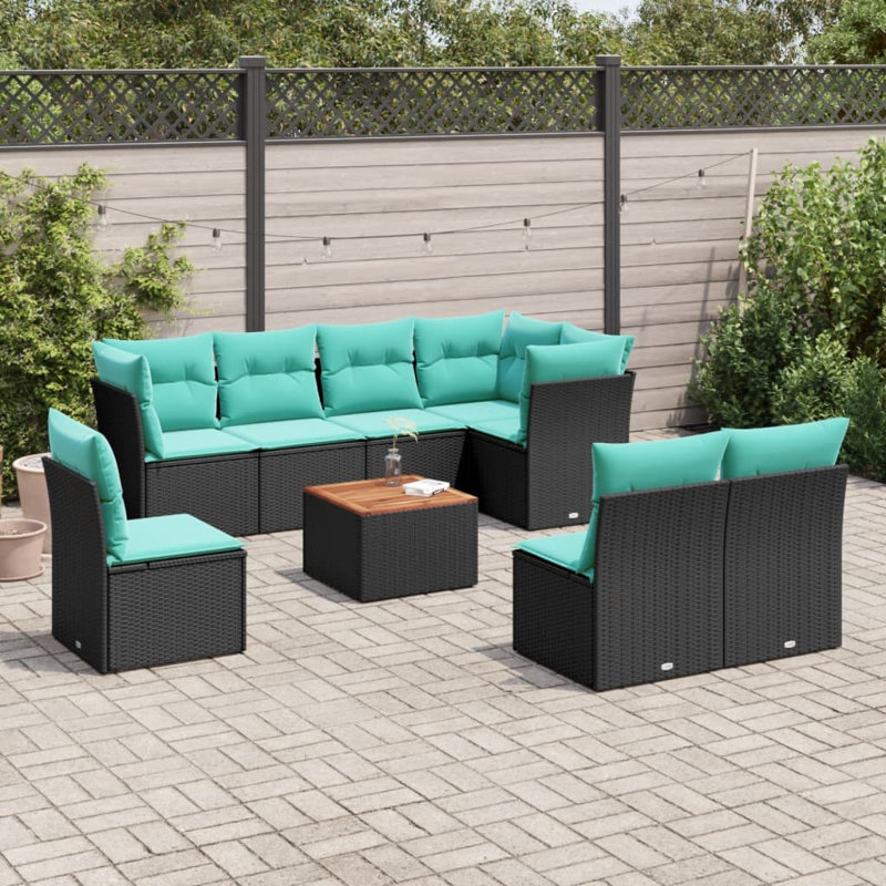  Ensemble de canapé de patio 9 pièces avec coussins en rotin de polyester noir