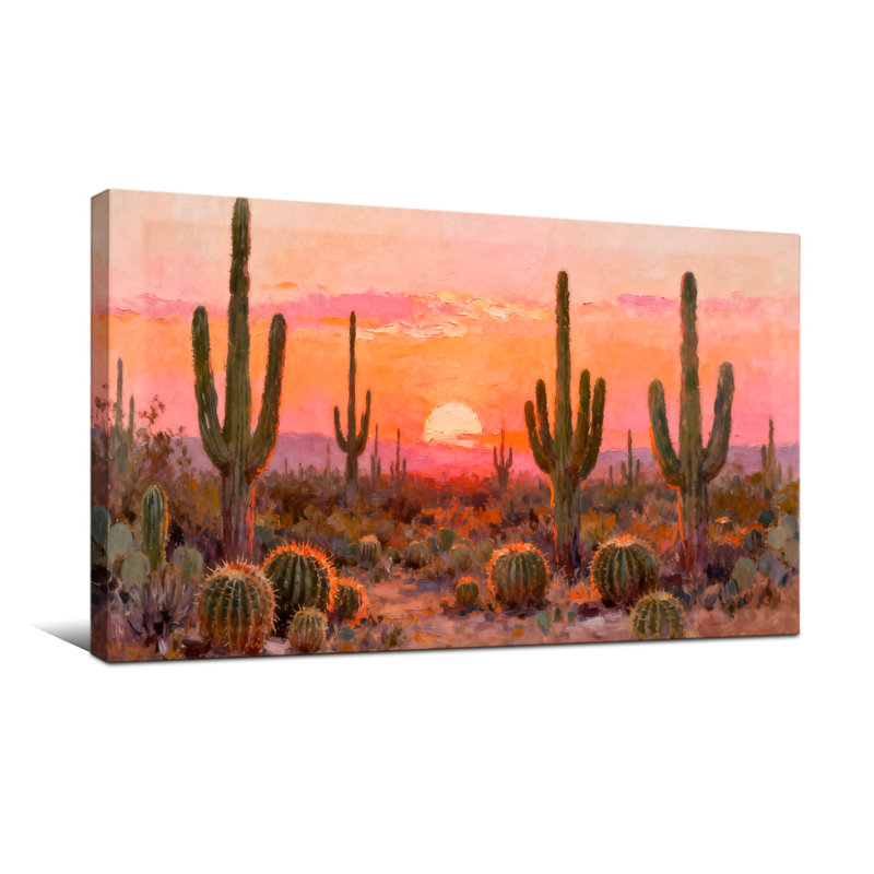 «Plants & Flowers Desert Cactus Sunset Landscape», reproduction d'art, H 24 po x l 48 po