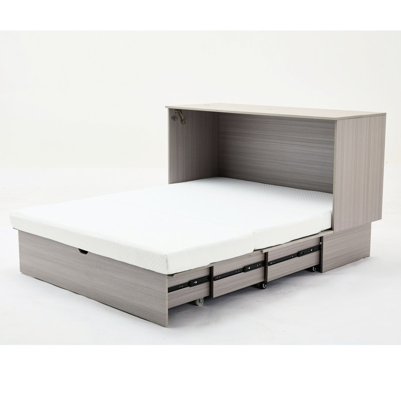 Grand lit moderne avec rangement, matelas en mousse pliable, ports et tiroirs, compartiment de rangement gris, centre de chargement pour matelas,