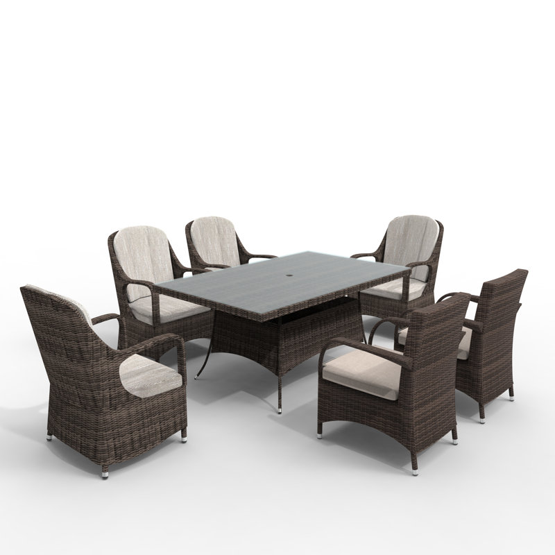 Algird 6 - Person Wicker Patio Dining Set with Rectangular Table , Cushions Included, Brown