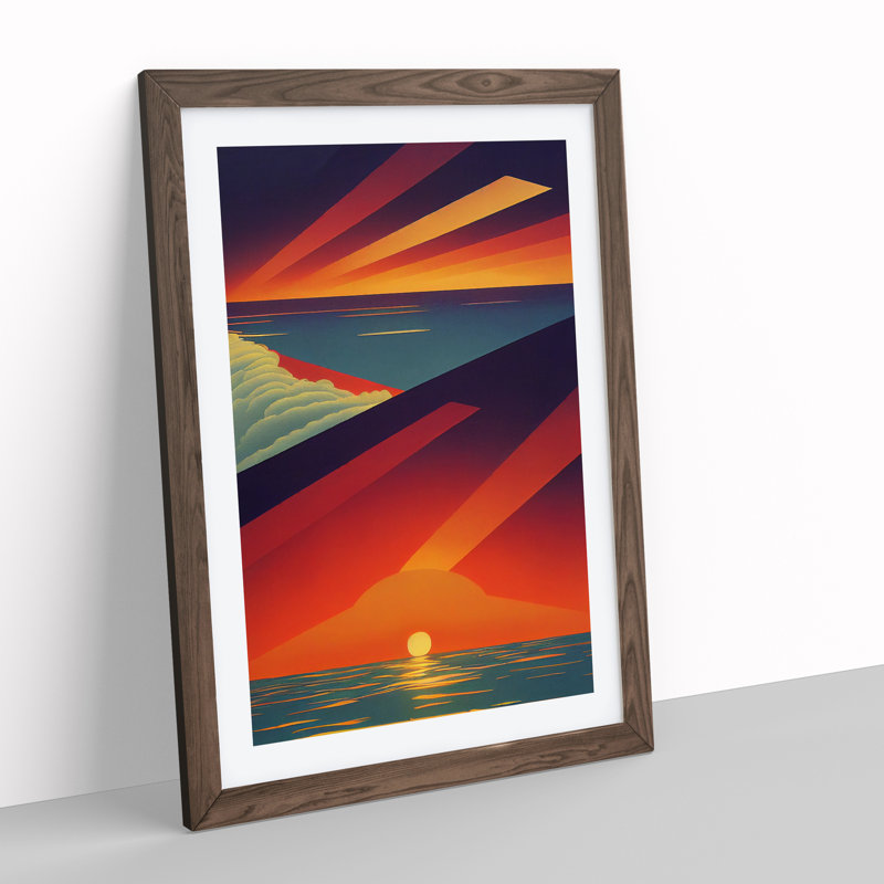 Vivid Abstract Ocean Sunset - Wall Art, 36cm H x 27cm W, Walnut Framed, White