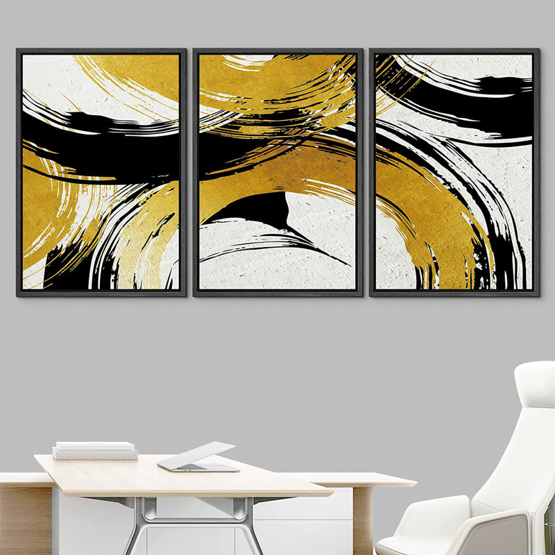 Formes géométriques anneaux entrelacés dorés et noirs - cadre flottant 3 pièces, impression sur toile, Noir