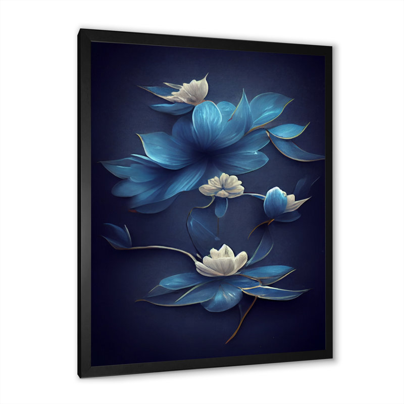 Fleurs chinoises bleues et blanches I - reproduction sur toile, Toile encadrée noire, H 20 po x l 12 po x P 1 po