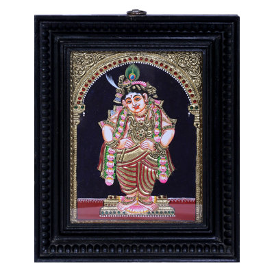 Peinture debout du seigneur Navaneeta Krishna Tanjore | Couleurs traditionnelles avec or 24 carats | Structure en bois de teck