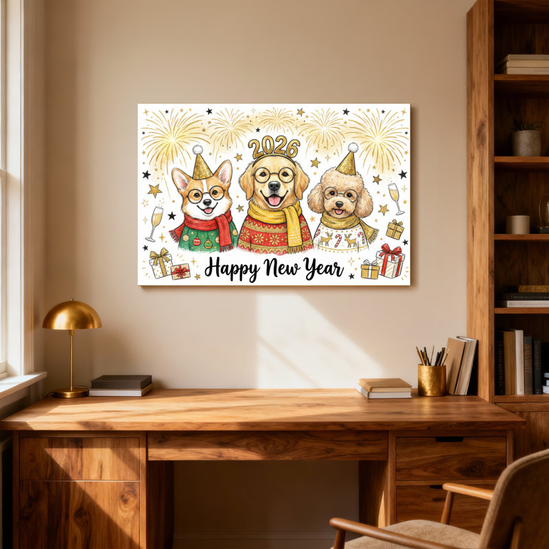 Animaux, corgi, chien, caniche, fête, fête, feux d'artifice, cadeaux, H 28 po x l 40 po