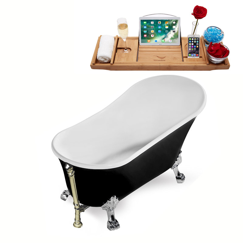 59" Streamline Clawfoot Soaking Acrylic Bathtub With Drain, Clawfeet, and Bamboo Tray, Brushed Nickel, Polished Chrome
