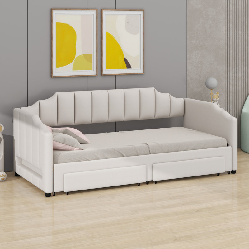 Lit de jour rembourré extensible avec deux tiroirs de rangement et lumière DEL, Beige