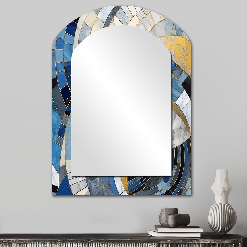Gold Constructing Blue Realms I - Abstract Shapes Asymmetrical Decorative Mirror, Blue Arch Wall Mirror, Printed Metal Art
