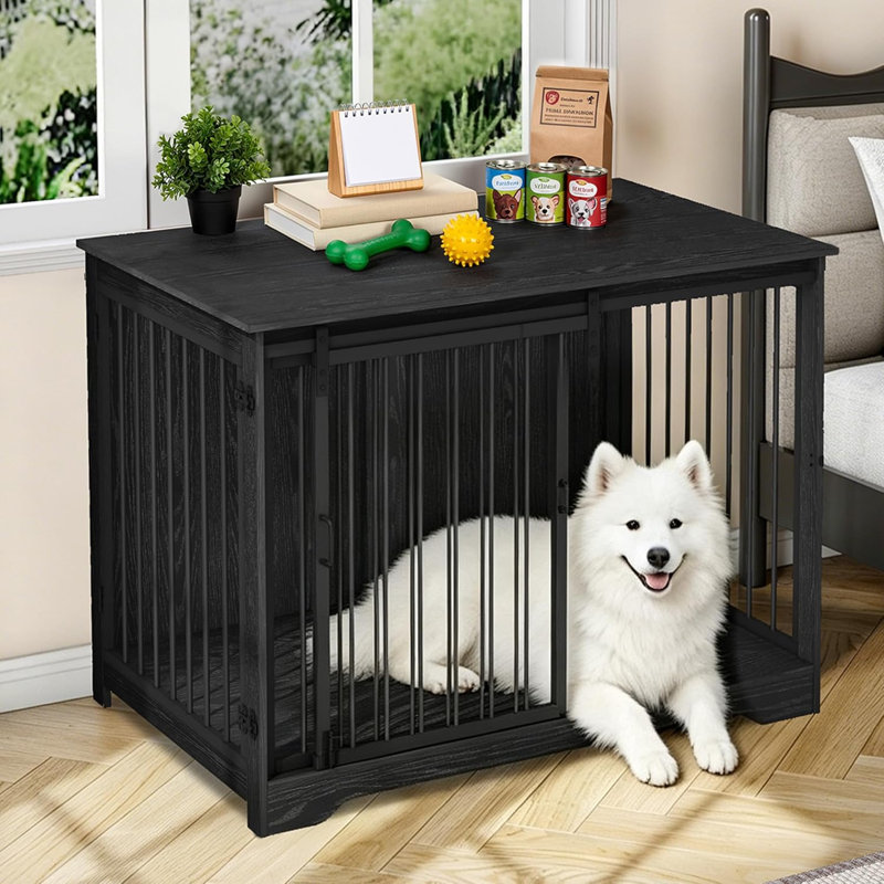 Dawyne Metal Sliding Barn Door Dog Crate, Black, 34.8" H x 46.9" W x 27.6" D