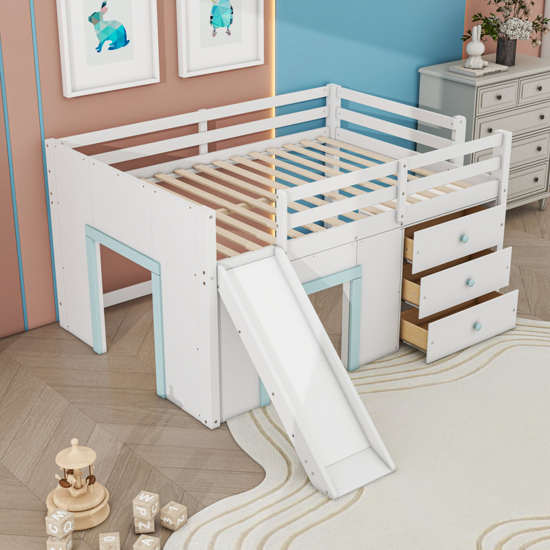 Lit mezzanine bas 3 tiroirs avec glissière, Blanc