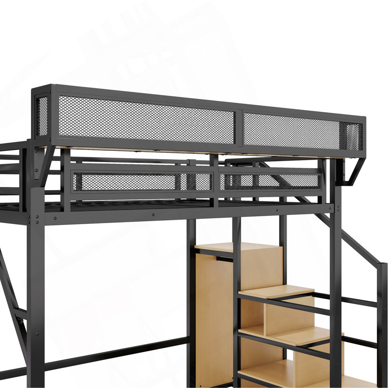 Full Size Loft Bed With Stairs, Metal Full Loft Bed With Storage Shelves, High Loft Bed With Wardrobe For Kids Teens