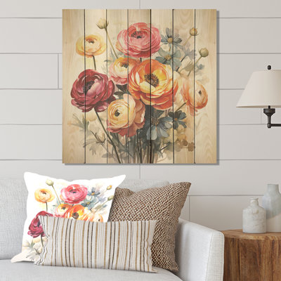 Colorful Ranunculus Elegance II - Ranunculus On Wood Print