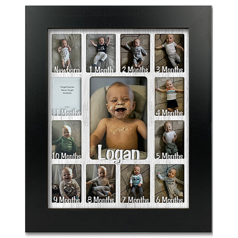 Personalized Baby First Year Picture Frame - Holds 12 Wallets and 1 5x7 Photo - 11x14, Black, White
