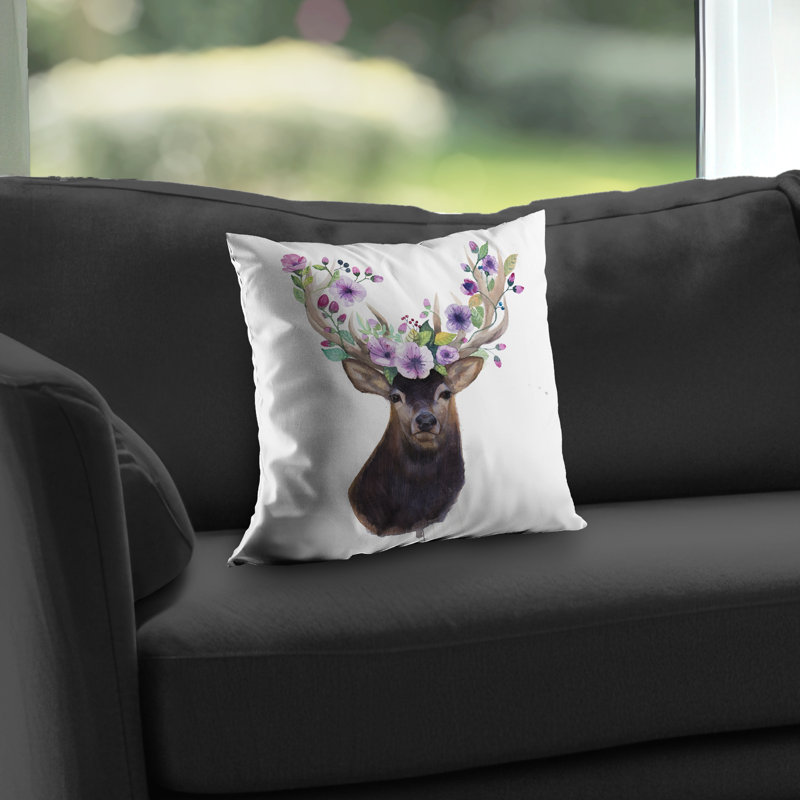 Roe Deer Head with Flowers - Brown Deer Poly Twill Throw