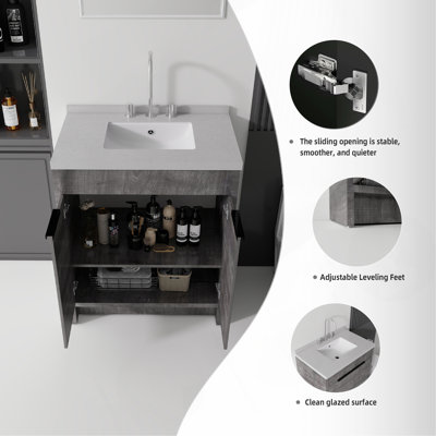 Meuble-lavabo autoportant de 76 cm avec lavabo, porte à fermeture amortie, comptoir et dosseret en marbre synthétique blanc granité de 5 cm, contreplaqué