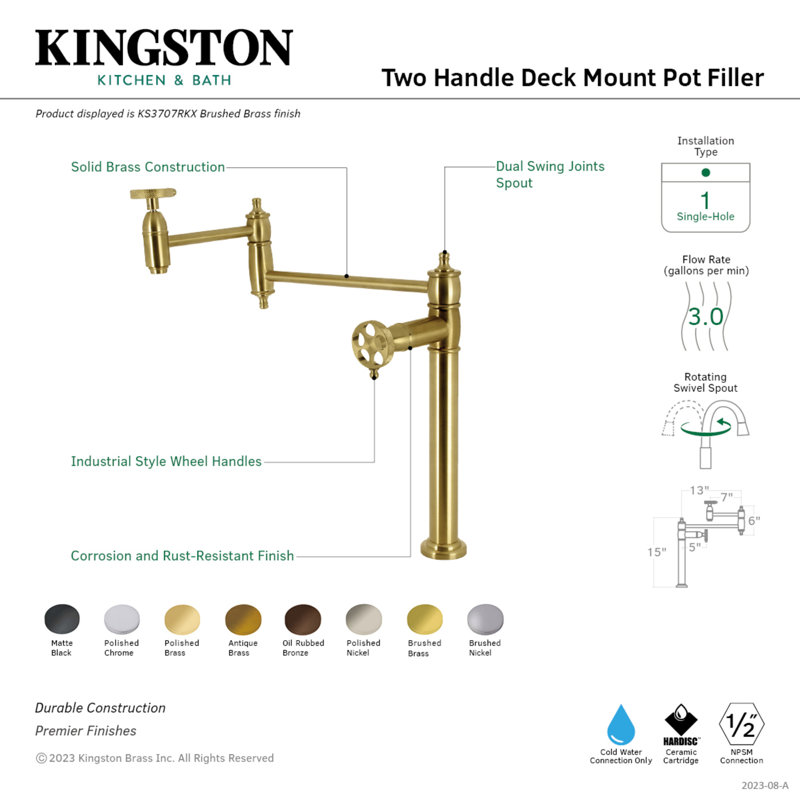 Kingston Brass Webb Two-Handle 1-Hole Deck Mount Pot Filler Faucet with Knurled Handle, Matte Black