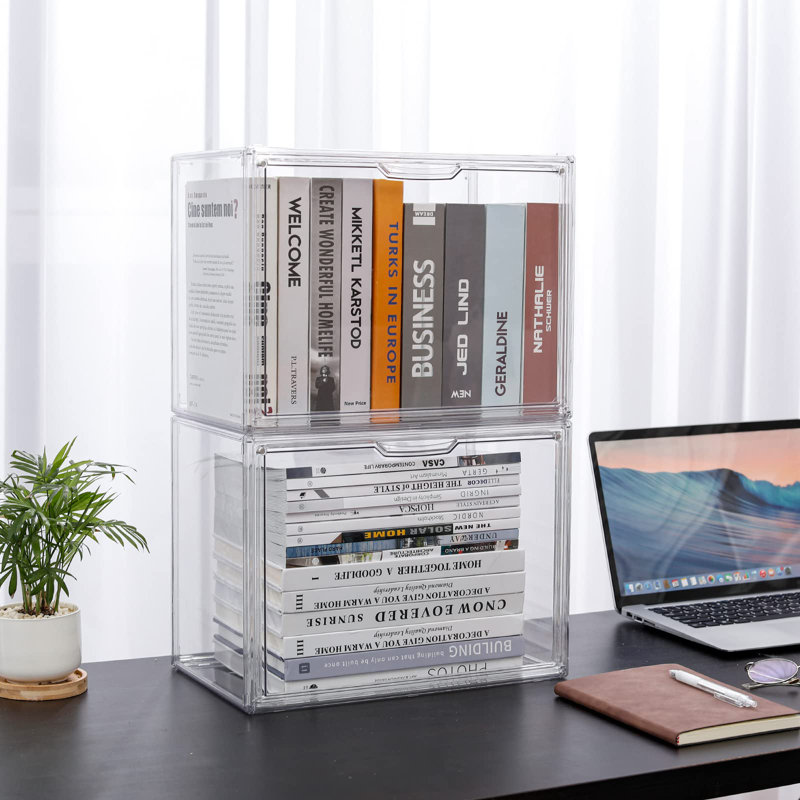 2Pcs Clear Book Storage Organizer Box, Plastic Stackable Book Display Case With Magnetic Door, Assemble Storage Showcase For Toy Dolls, Books, Shoes Organizing