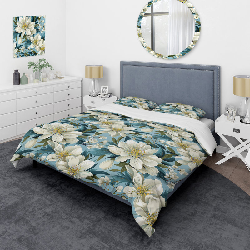 Ensemble de housse de couette à motif floral Blue Coastal Blossoms, Housse de couette simple + 1 taie décorative stan