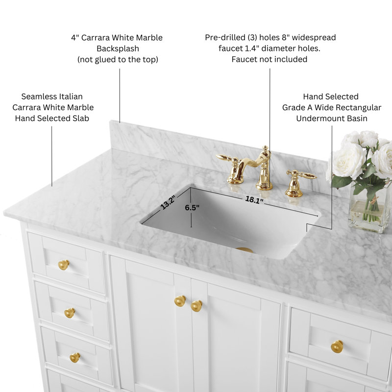 Audrey 48'' W Single Vanity, White/Brushed Gold, Carrara White Marble