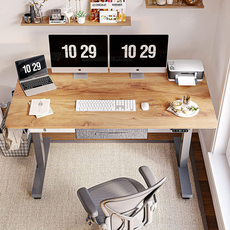 Bureau debout à hauteur ajustable avec tiroir, Rustique clair / gris, H 27,7 po x l 63 po x P 24 po