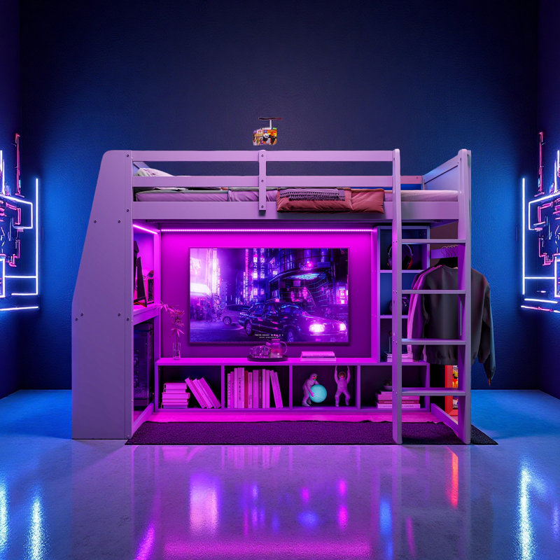 Lit mezzanine en bois avec bureau, étagères à rangement multiples, DEL et portemanteau suspendu, Lit double
