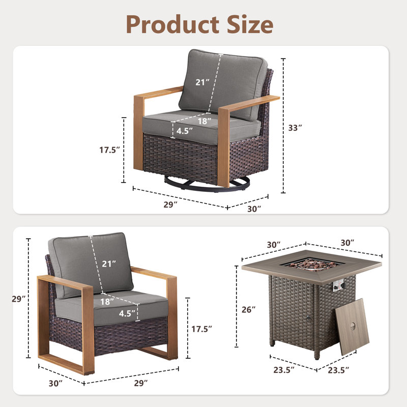 Ensemble de conversation pour patio avec accoudoirs et chaises pivotantes 5 pièces, Gris, Brun