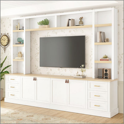 Meuble audio-vidéo de ferme de 102 po de largeur avec tablettes, unité murale 4 pièces pour téléviseur de 75 po, console multimédia haut de gamme en bois avec 6 tiroirs