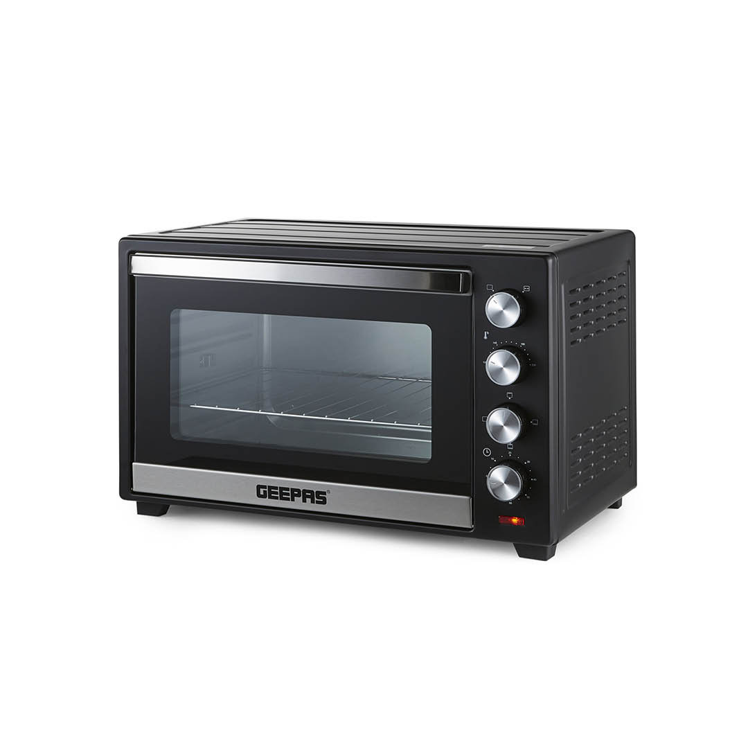 GEEPAS Mini Oven & Grill Rotisserie Baking Roasting & Grilling 1600W Temp Control 100–230°C Double Glass Door 60min Timer Auto Shut Off Bell
