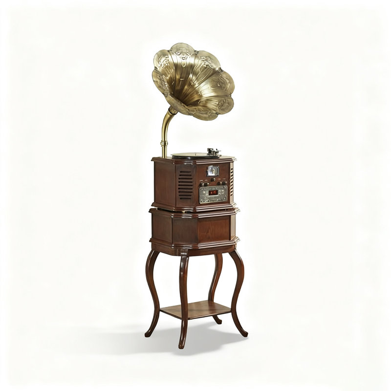 Vintage Rubberwood Gramophone - Antique Brass Horn Bluetooth Turntable