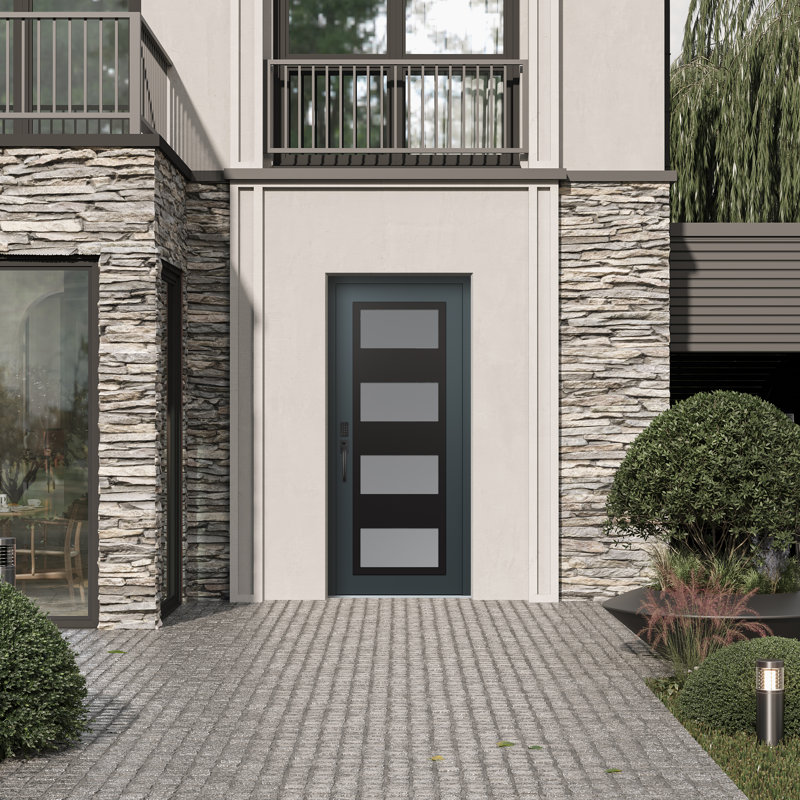 Porte d'entrée pré-suspendue à panneau en acier noir anthracite / anthracite, Droite / vers l'intérieur, Gelé