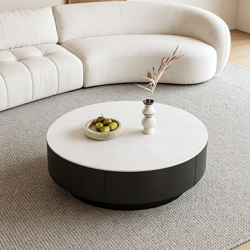 Table basse ronde pour petit appartement, 12.99" H x 31.49" W x 31.49" D, White Top/Black Base , Flat