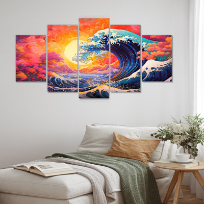 'Japanese Sunset Waves Of Kanagawa IV - Japan Art Multipanel Wall Art