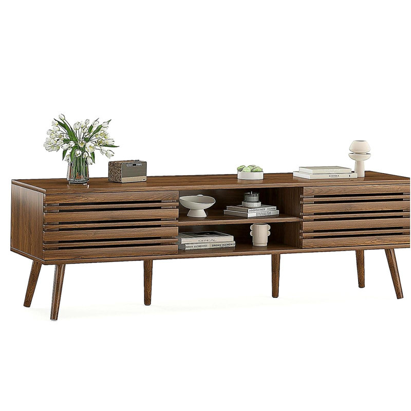 Mid Century Modern TV Stands for up to 70" TV with Storage, Fluted Wood TV Stand for Living Room, Boho Media Console, Entertainment Center with Cable Management