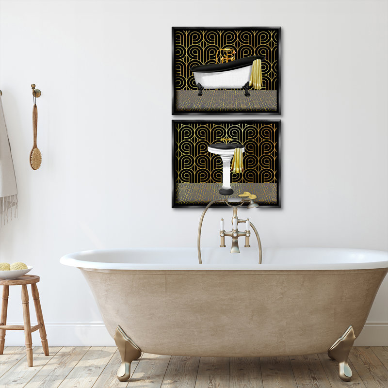 Ensemble de 2 toiles flottantes élégantes à motif géométrique déco, design par Conrad Knutsen, Cadre flottant noir de jais