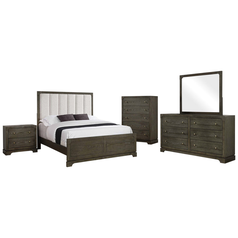 Grande chambre foncée 5 pièces avec lit à panneau, tête de lit tapissier beige Boucle, table de chevet avec rangement, commode, miroir et commode pour plus de confort
