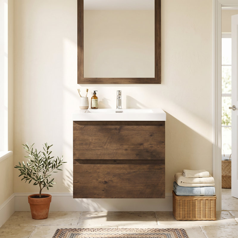 Meuble-lavabo mural en mélamine de 61 cm (24 po), aspect bois de rose, résistant à l'usure et aux égratignures, surface non poreuse et facile à nettoyer, préassemblé