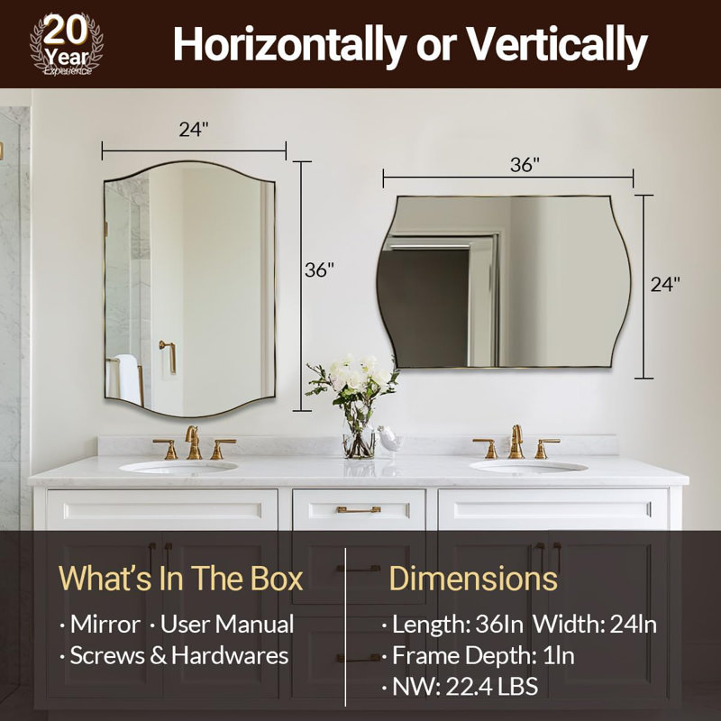 Dual Arch Scalloped Rectangular Bathroom Wall Mirror | Stainless Steel Frame, 36" x 24", Brushed Gold